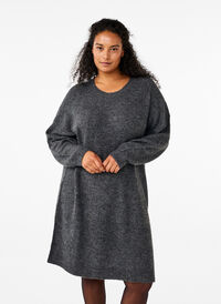 Long sleeved rib knit dress, Dark Grey Black Mel., Model