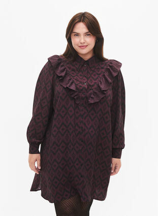 Zizzifashion Long viscose shirt with print and frills, Winetasting w. Black, Model image number 0