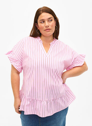 Zizzifashion Striped blouse with peplum and ruffle details, Pink Red Stripe, Model image number 0