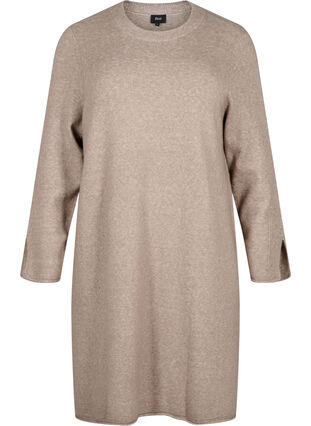 Zizzifashion Knitted dress with a round neck and slit, Desert Taupe Mel., Packshot image number 0