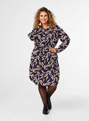 Zizzifashion Long-sleeved dress with tie string, Ev. Blue w. Leaf AOP, Model image number 2