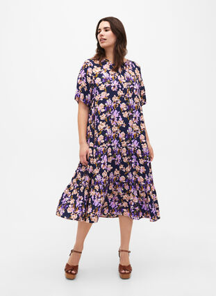 Zizzifashion Short sleeve viscose dress with print, Small Flower AOP, Model image number 0