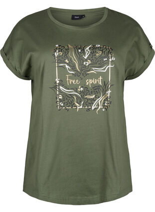 Zizzifashion Organic cotton T-shirt with gold print, Thyme W. Free, Packshot image number 0