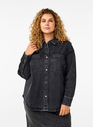 Zizzifashion Denim shirt with buttons and chest pockets, Dark Grey Denim, Model image number 0