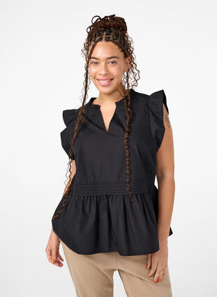 Zizzifashion Sleeveless top with pin-tuck and ruffle details, Black, Model image number 0