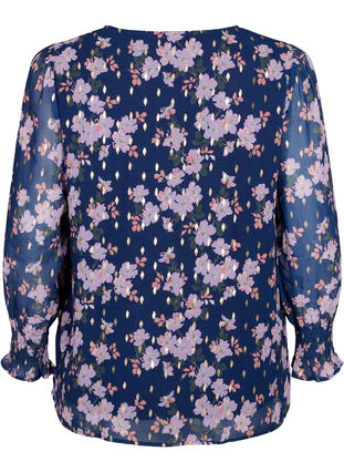 Zizzifashion Floral blouse with long sleeves and V-neck, Blue Small Fl. AOP, Packshot image number 1