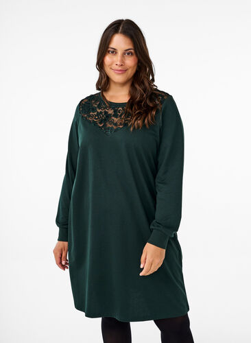 Zizzifashion Short sweat dress with lace detail, Scarab, Model image number 0