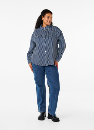 Zizzifashion Striped denim shirt with chest pockets, Blue Denim Stripe, Model image number 3