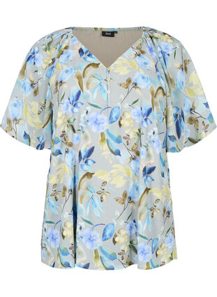 Zizzifashion Floral party blouse with short sleeves, Wrought Iron AOP, Packshot image number 0