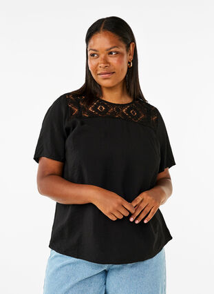 Zizzifashion Short-sleeved viscose blouse with lace detail, Black, Model image number 0