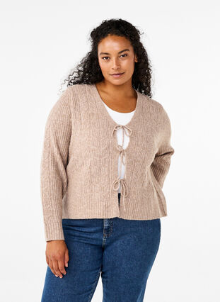 Zizzifashion Knitted cardigan with tie details, Simply Taupe Mel., Model image number 0