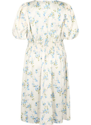 Zizzifashion Floral satin dress with puff sleeves, Off White Blue Fl., Packshot image number 1