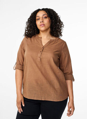 Zizzifashion Cotton shirt blouse with v-neck, Coca Mocha, Model image number 0