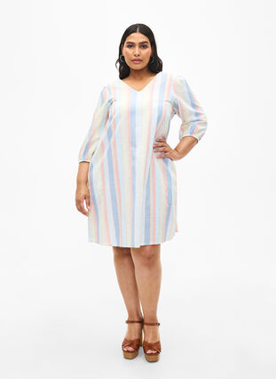 Zizzifashion Cotton blend short dress with linen, Multi Color Stripe, Model image number 2