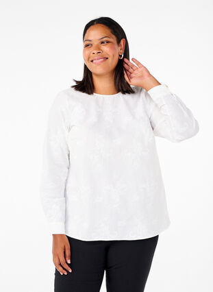 Zizzifashion Long-sleeved blouse with embroidery, Bright White, Model image number 0