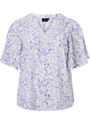 Zizzifashion V-neck short sleeve blouse with floral print, Sand Verbena AOP, Packshot image number 0
