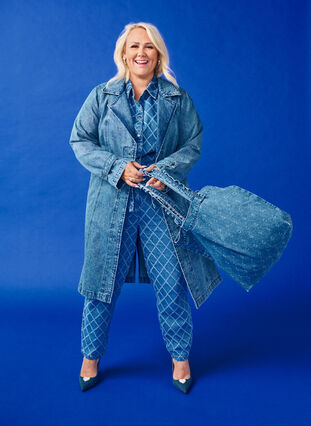 Zizzifashion Denim trench coat with belt, Blue Denim, Model image number 0