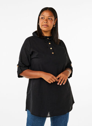 Zizzifashion Hooded tunic in cotton and linen, Black, Model image number 0