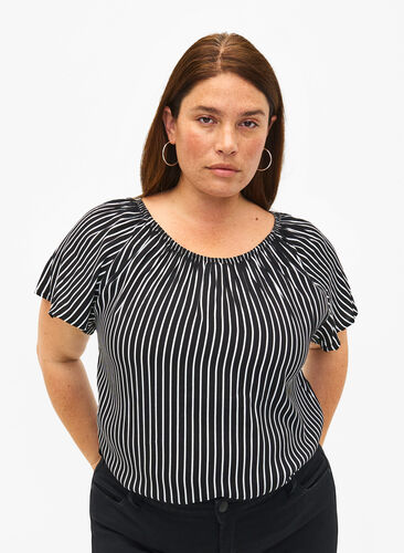 Zizzifashion Striped viscose blouse with short sleeves, Black/ White Stripe, Model image number 0