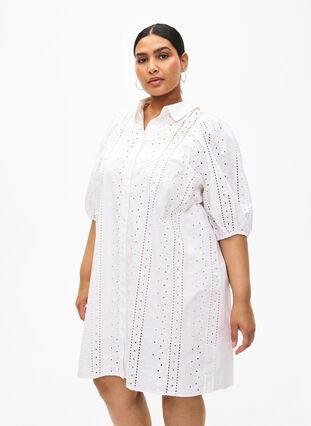 Zizzifashion Cotton shirt dress with broderie anglaise, Off White, Model image number 0