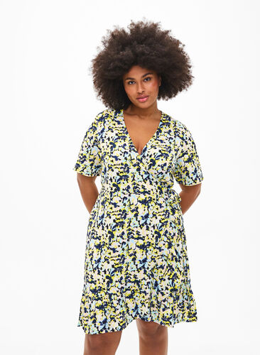 Zizzifashion Printed wrap dress with short sleeves, Blazing Yellow AOP, Model image number 0