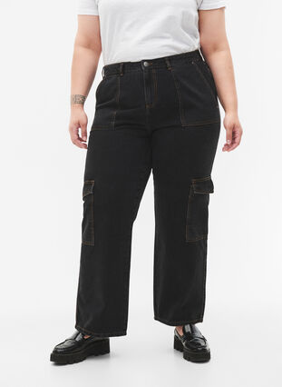 Zizzifashion Straight Fit Cargo Jeans, Black Stone, Model image number 2