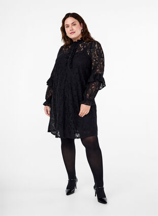 Zizzifashion Short lace dress with ruffle detail, Black, Model image number 2