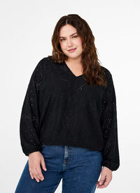 Long-sleeved blouse with V-neck and hole pattern, Black, Model