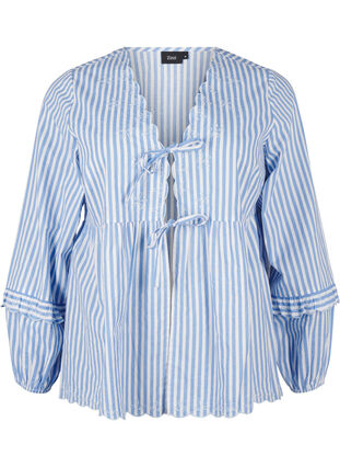 Zizzifashion Striped blouse with open front and embroidery details, C. Blue White Stripe, Packshot image number 0