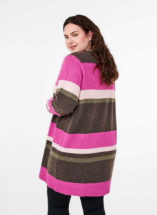 Zizzifashion Long knit cardigan with wide stripes, Fuchsia Red Mel.Comb, Model image number 1