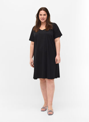 Zizzifashion Short-sleeved cotton dress with a-shape, Black, Model image number 2