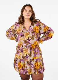 Long-sleeved tunic with floral print, Purple Flower, Model