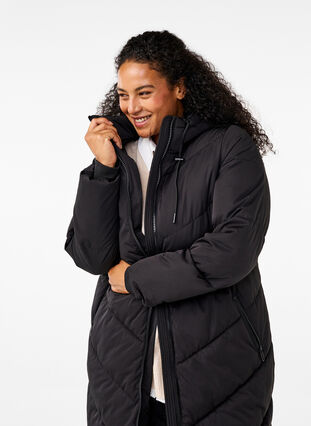 Zizzifashion Long puffer coat with hood and pockets, Black, Model image number 2