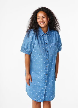 Zizzifashion Short-sleeved denim dress with heart print, L. Blue D. w. Heart, Model image number 0