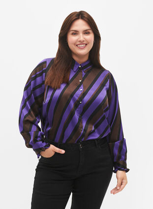 Zizzifashion Satin shirt with diagonal stripes, Stripe AOP, Model image number 0