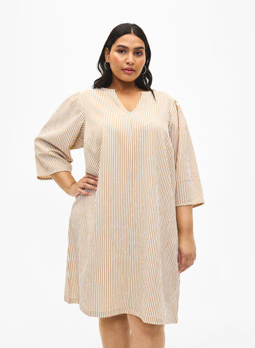 Zizzifashion Striped dress with 3/4 sleeves, Camel Stripe, Model image number 0