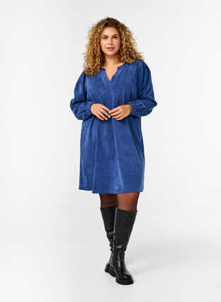 Zizzifashion Short velvet dress with long sleeves, Sodalite Blue, Model image number 2