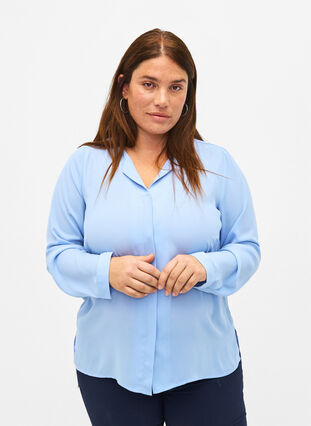 Zizzifashion Solid colour shirt with v-neck, Serenity, Model image number 0