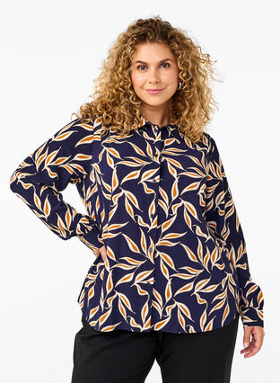 Zizzifashion Shirt with leaf print and collar, Ev. Blue w. Leaf AOP, Model image number 0