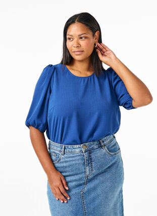 Zizzifashion Short-sleeved blouse with a bow at the back, Estate Blue, Model image number 0