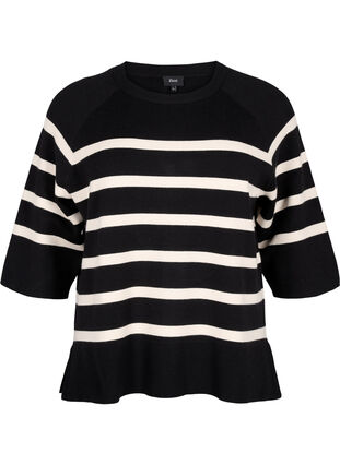 Zizzifashion 3/4 sleeve knitted blouse with stripes, Black Birch Stripes, Packshot image number 0