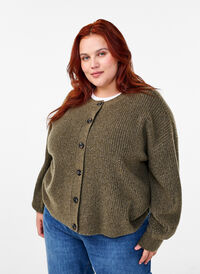 Rib knit cardigan with buttons, Dusky Green Mel., Model