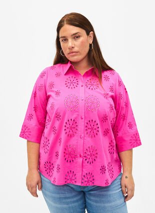 Zizzifashion Shirt blouse with embroidery anglaise and 3/4 sleeves, Raspberry Rose, Model image number 0