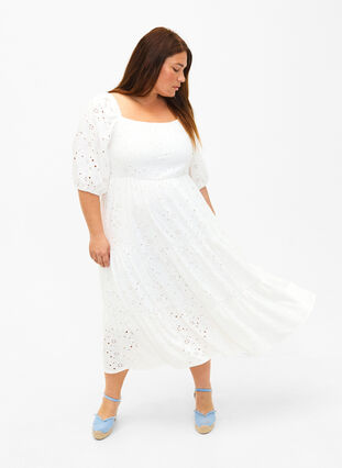 Zizzifashion Maxi dress with lace pattern and a square neckline, Bright White, Model image number 0