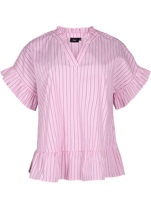 Zizzifashion Striped blouse with peplum and ruffle details, Pink Red Stripe, Packshot image number 0