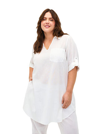 Zizzifashion Short-sleeved cotton blend tunic with linen, Bright White, Model image number 0