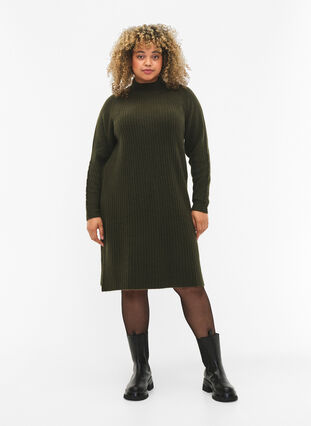 Zizzifashion Ribbed Knit Dress with Turtleneck, Forest Night Mel., Model image number 2