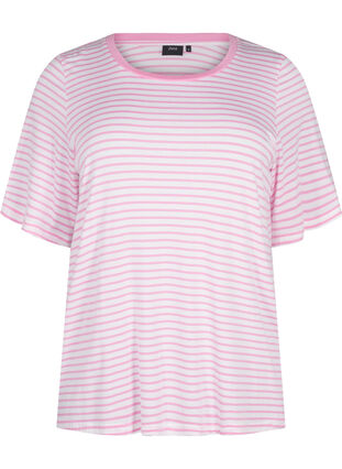 Zizzifashion Striped T-shirt in lyocell with round neck, B White Rosebloom St, Packshot image number 0