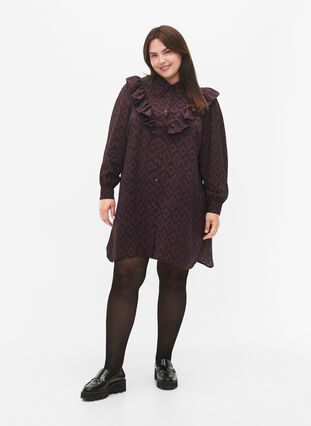 Zizzifashion Long viscose shirt with print and frills, Winetasting w. Black, Model image number 2