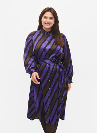 Zizzifashion Satin shirt dress with diagonal stripes, Stripe AOP, Model image number 0